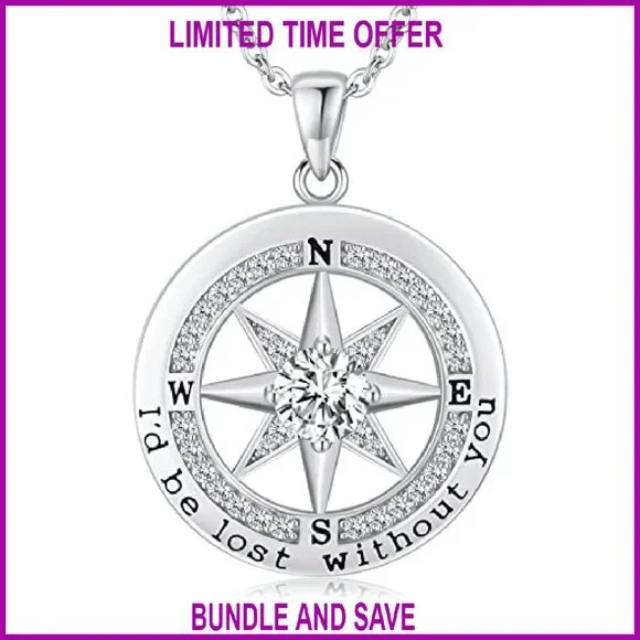 Sterling Silver Compass Necklace with Cubic Zirconia, Lobster Clasp